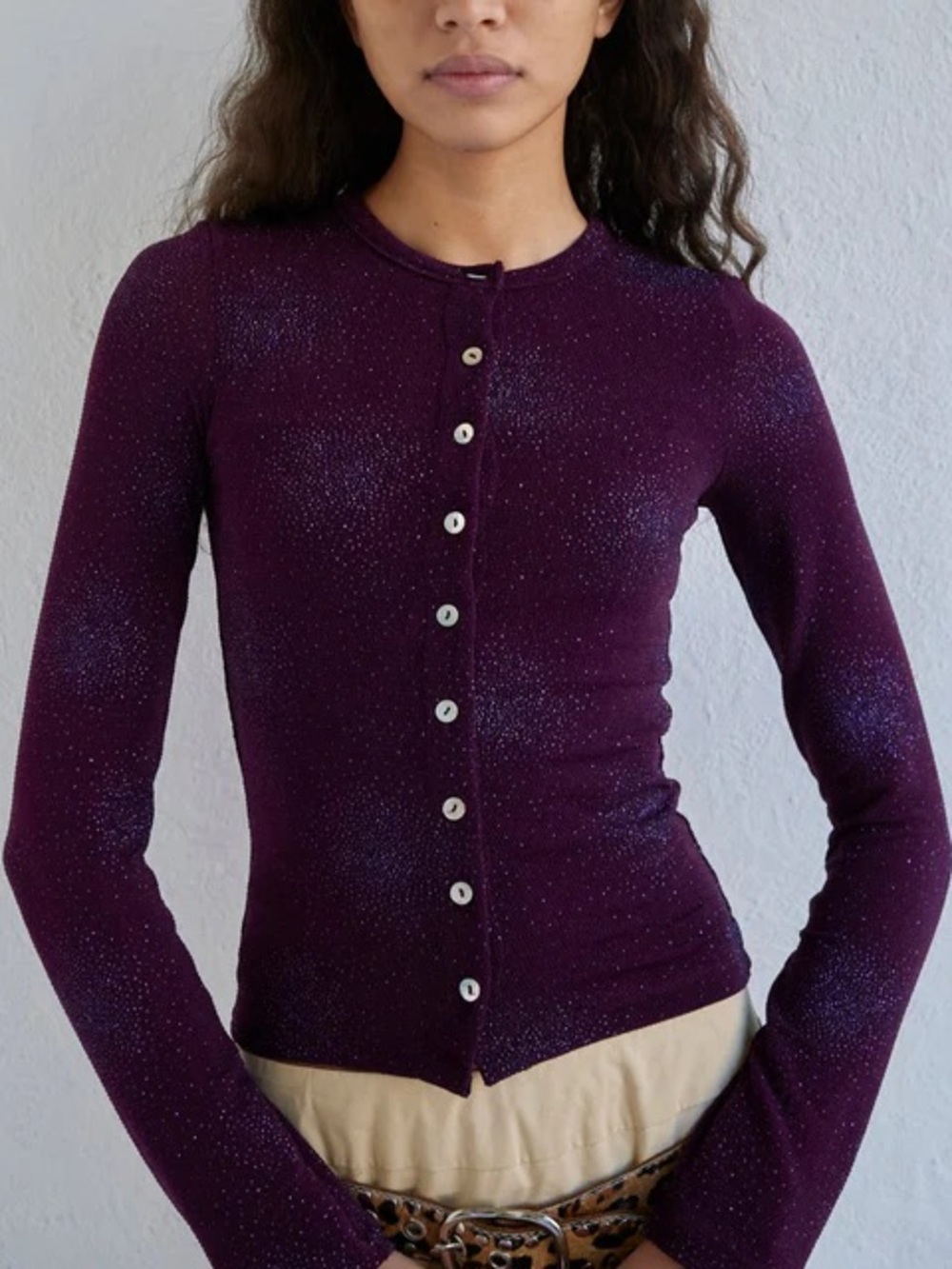Fruity Booty Long-Sleeve Purple Sparkle Button-Up Sweater Set